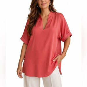 Lafayette 148 New York Coral Silk Crepe Top L Dolman Sleeve  Tunic Slts Size L